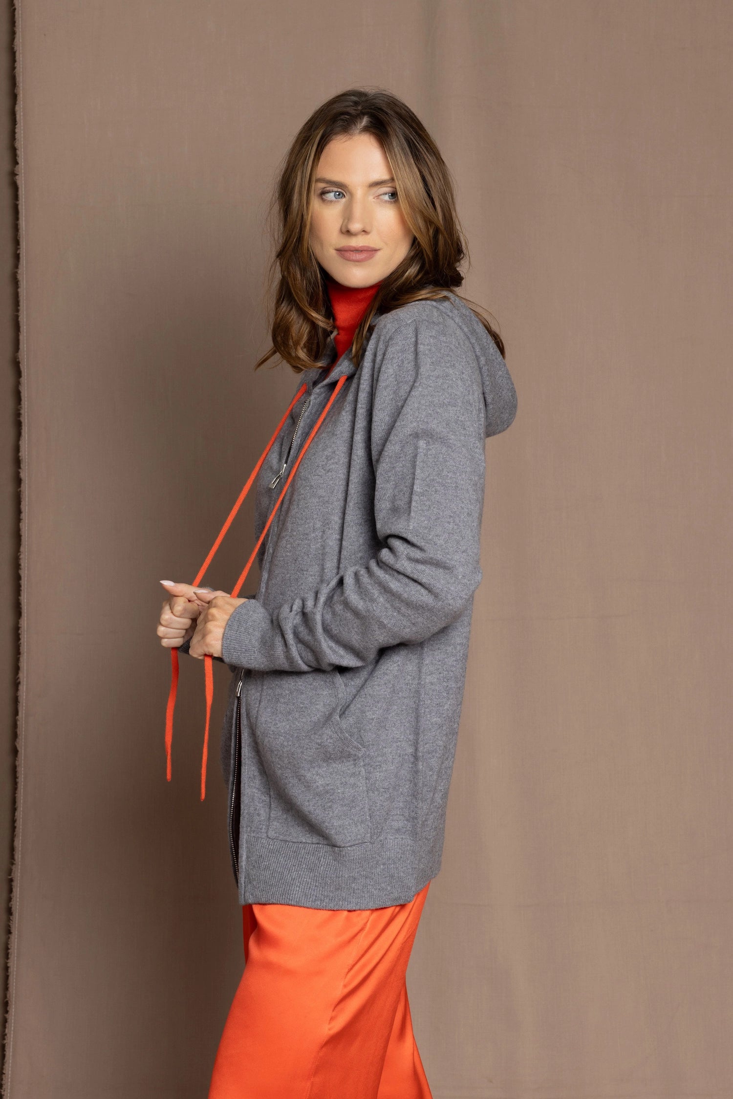 unisex cashmere hoodie in grey and orange