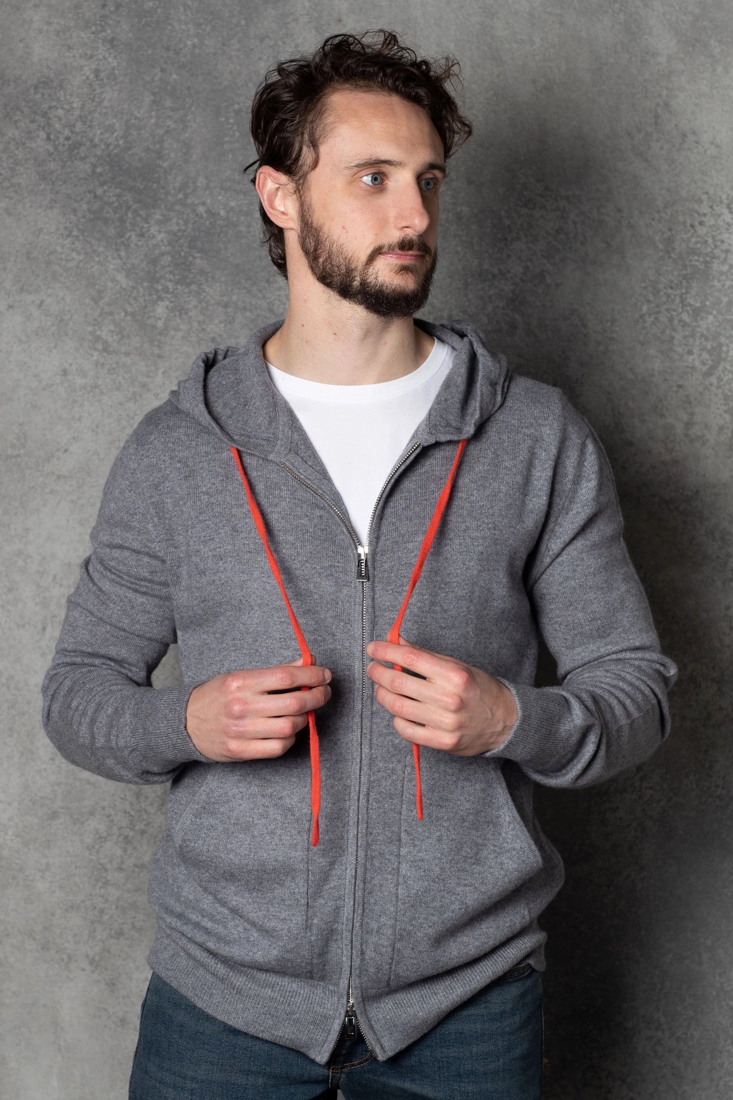 unisex cashmere hoodie in grey and orange