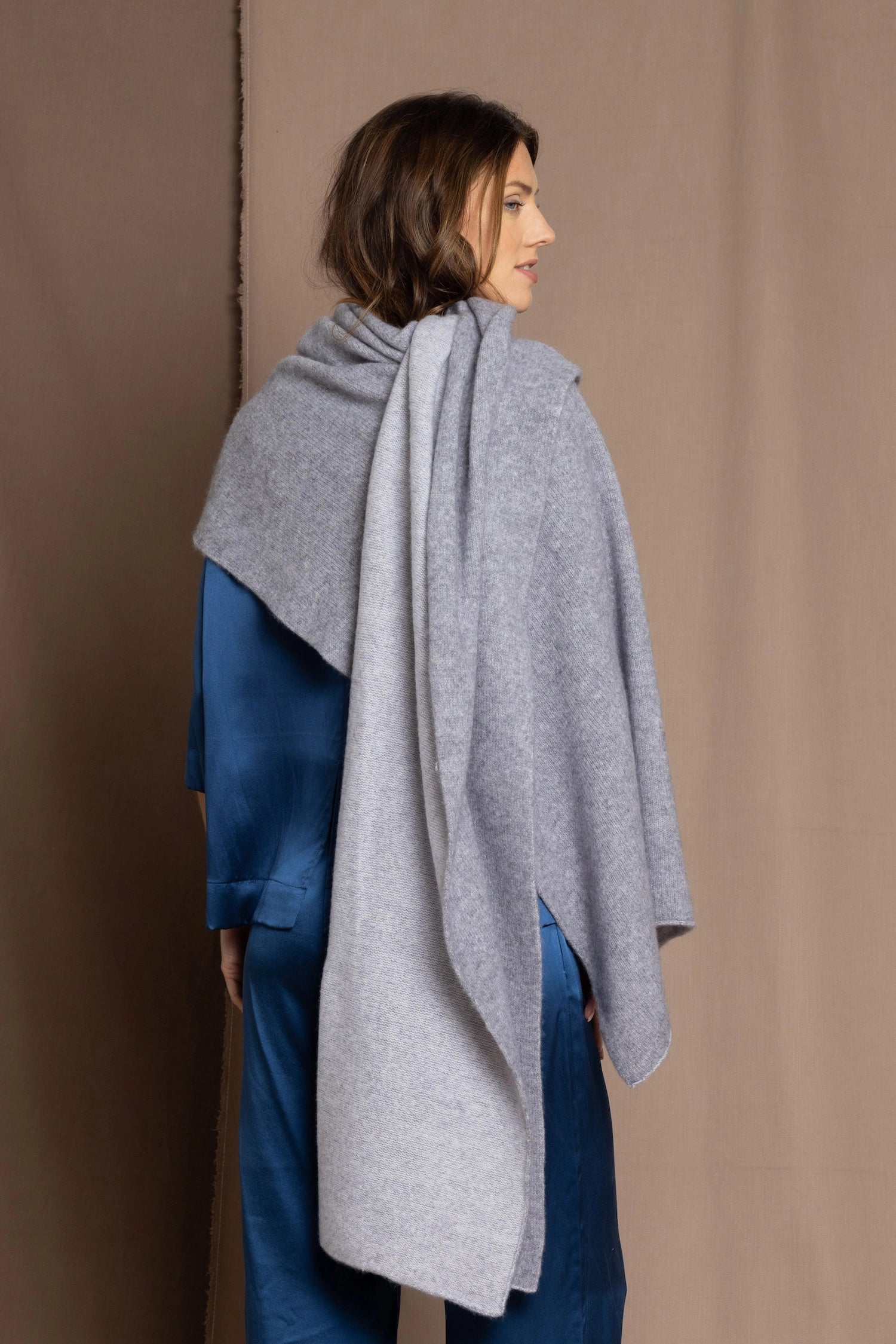 large cashmere wrap in grey and cream