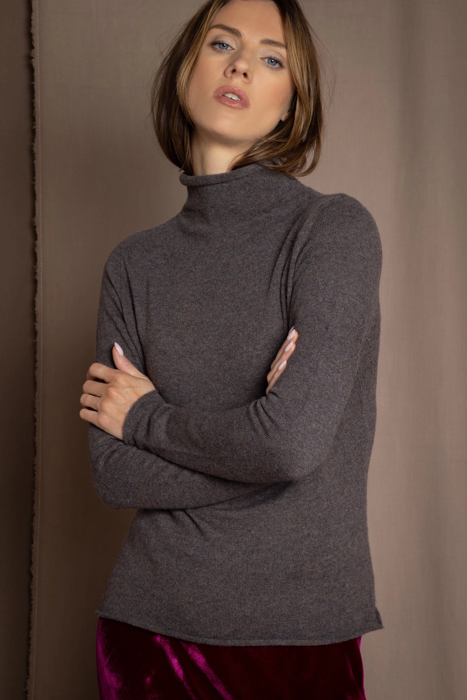 luxury cashmere turtleneck sweater in taupe