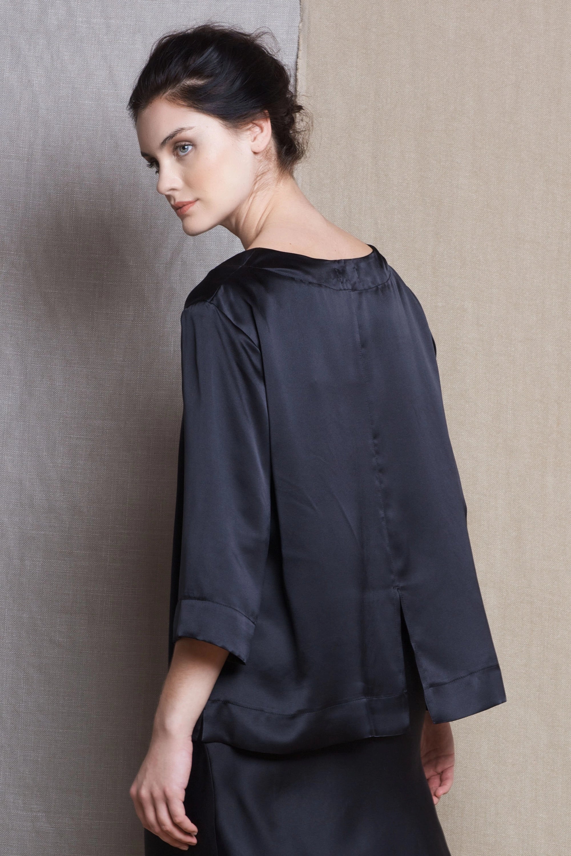 Luxury Silk Bracelet Sleeve Flowy Blouse in Black