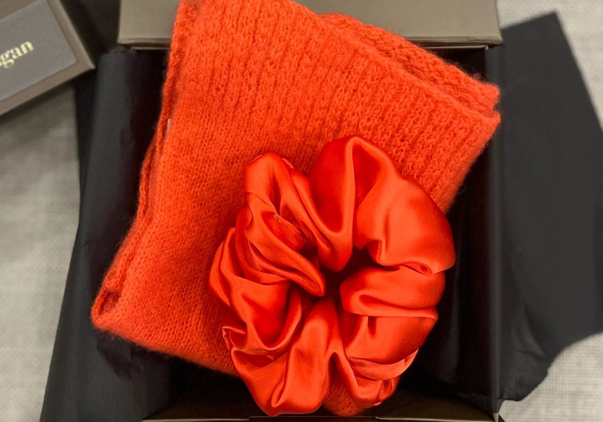 luxury cashmere scarf and silk scrunchie gift set in orange