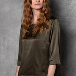 luxury pure silk long sleeve top in dark green