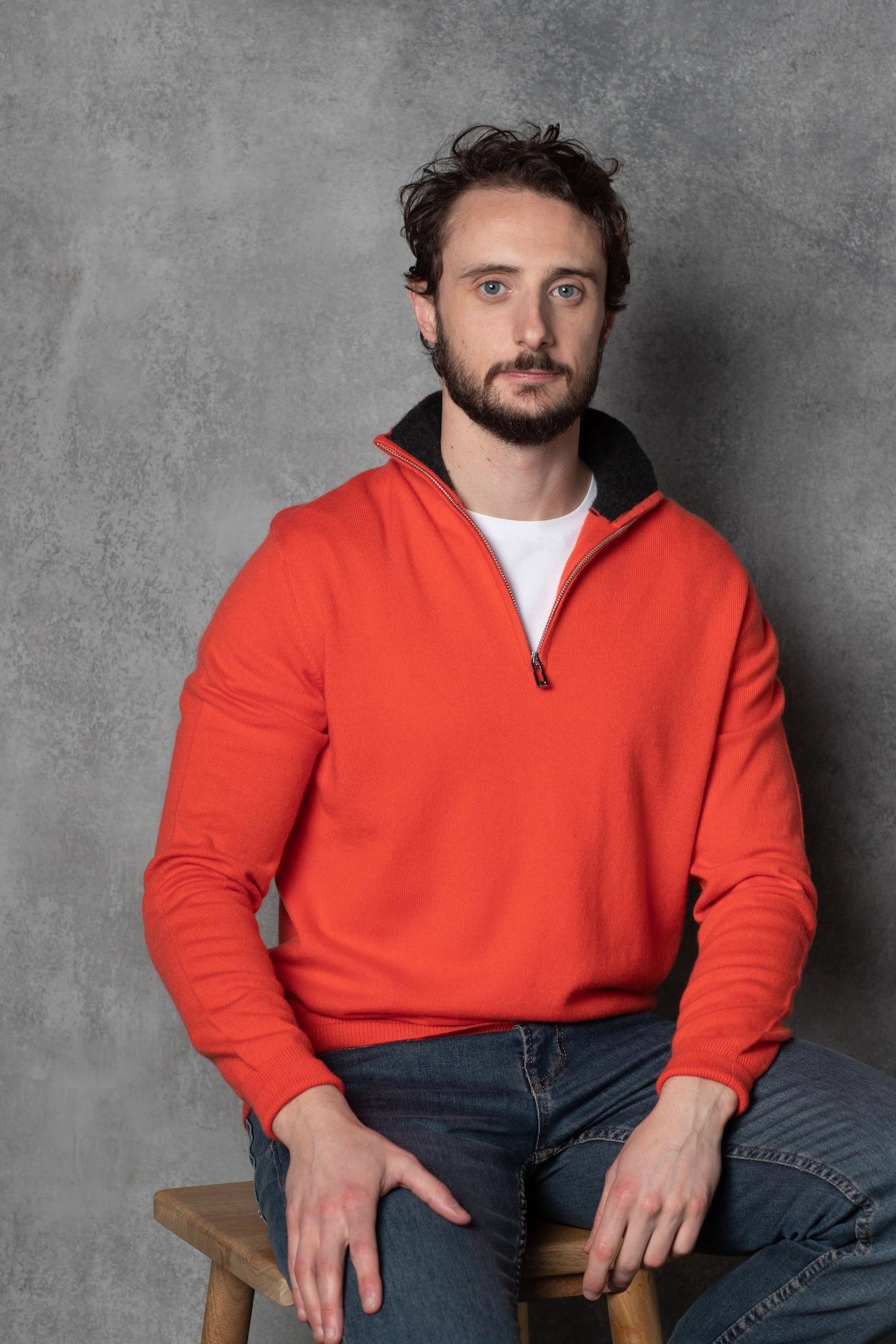 Men's Zip Cashmere Sweater in Orange