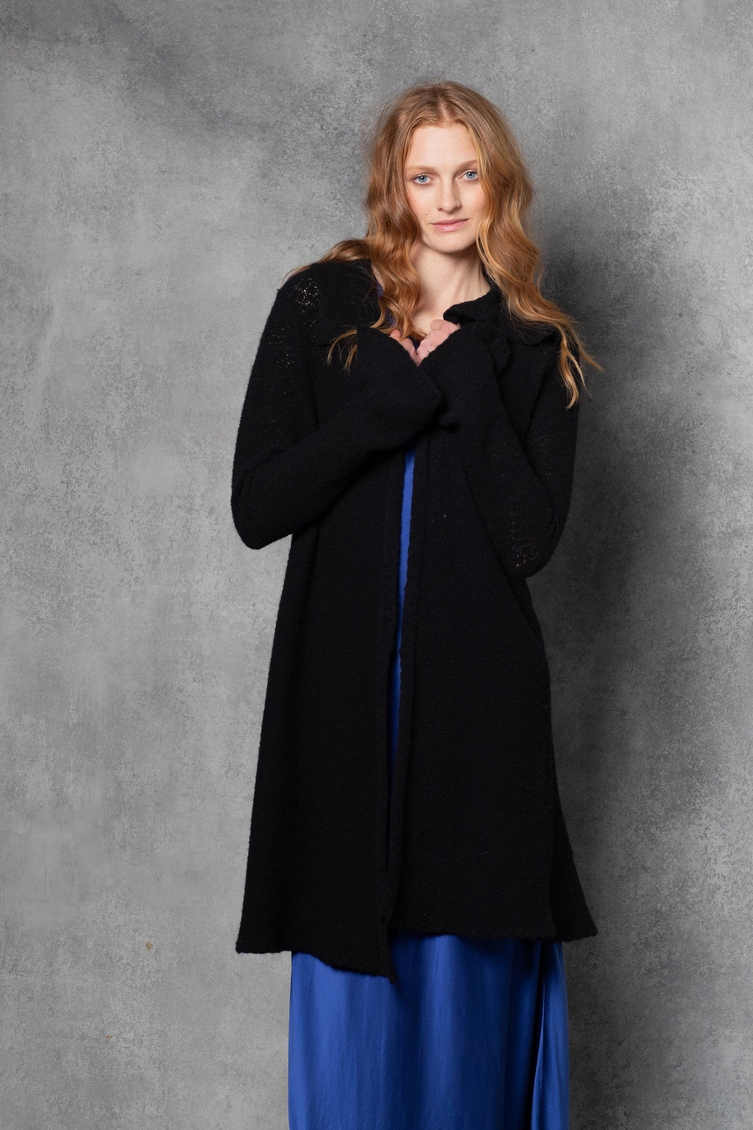 Lace Pointelle Cashmere Coat in Black