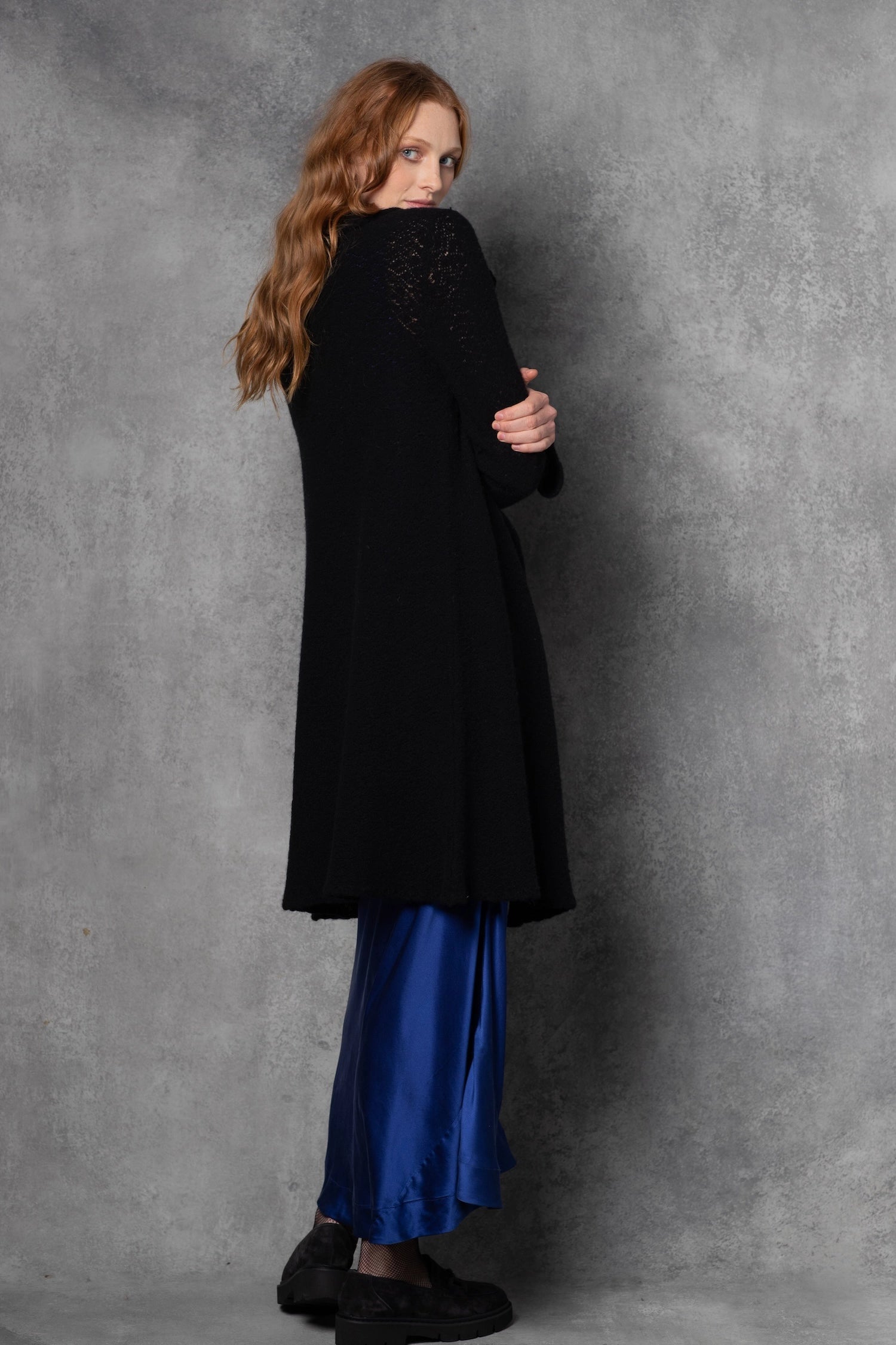 Cashmere Lace Long Cardigan in black