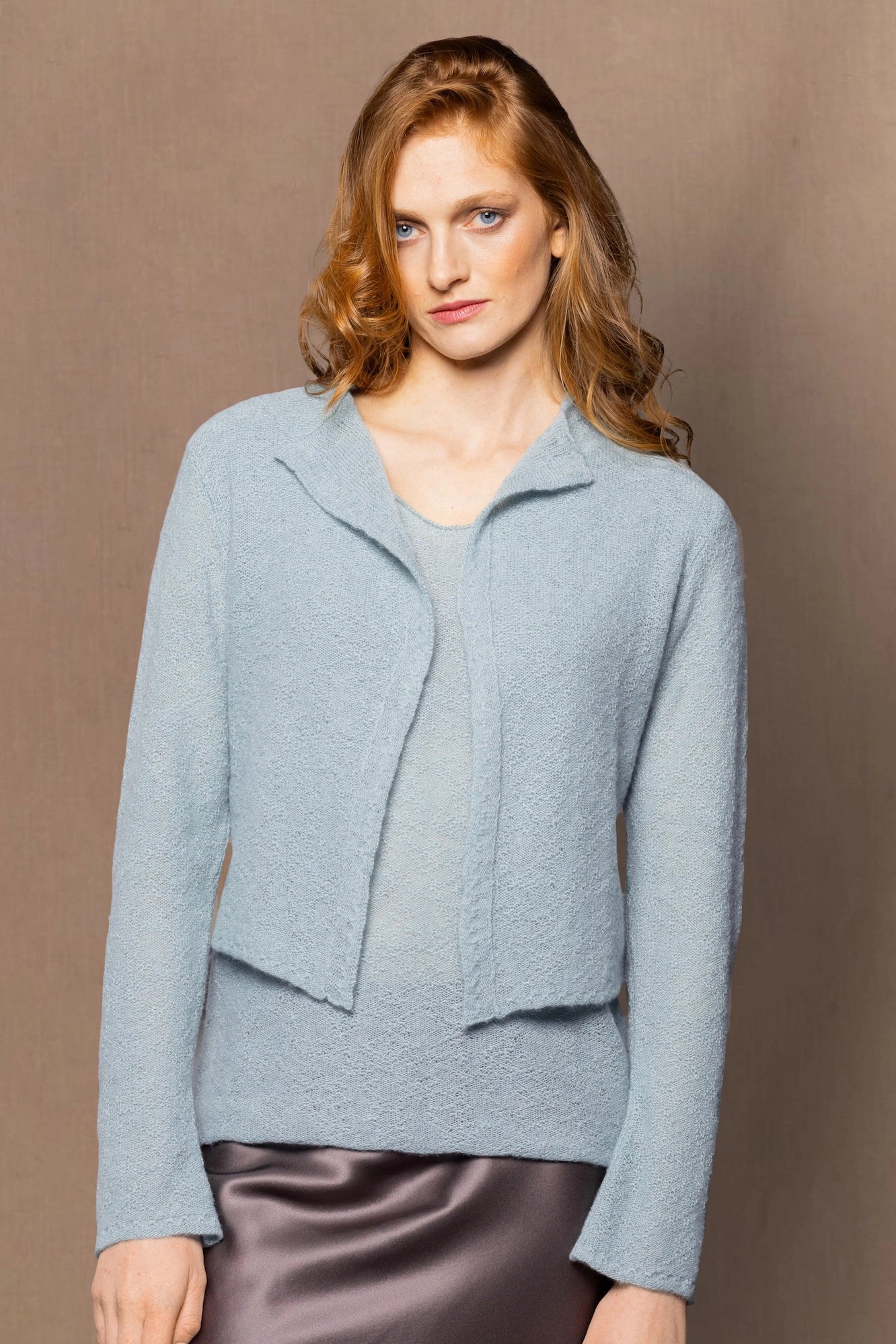 cashmere cardigan with lace texture in light blue