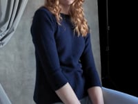Video of Lace Knitted Crew Neck Sweater in Navy Blue