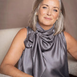 Síoda Pussy Bow Silk Top | Pewter