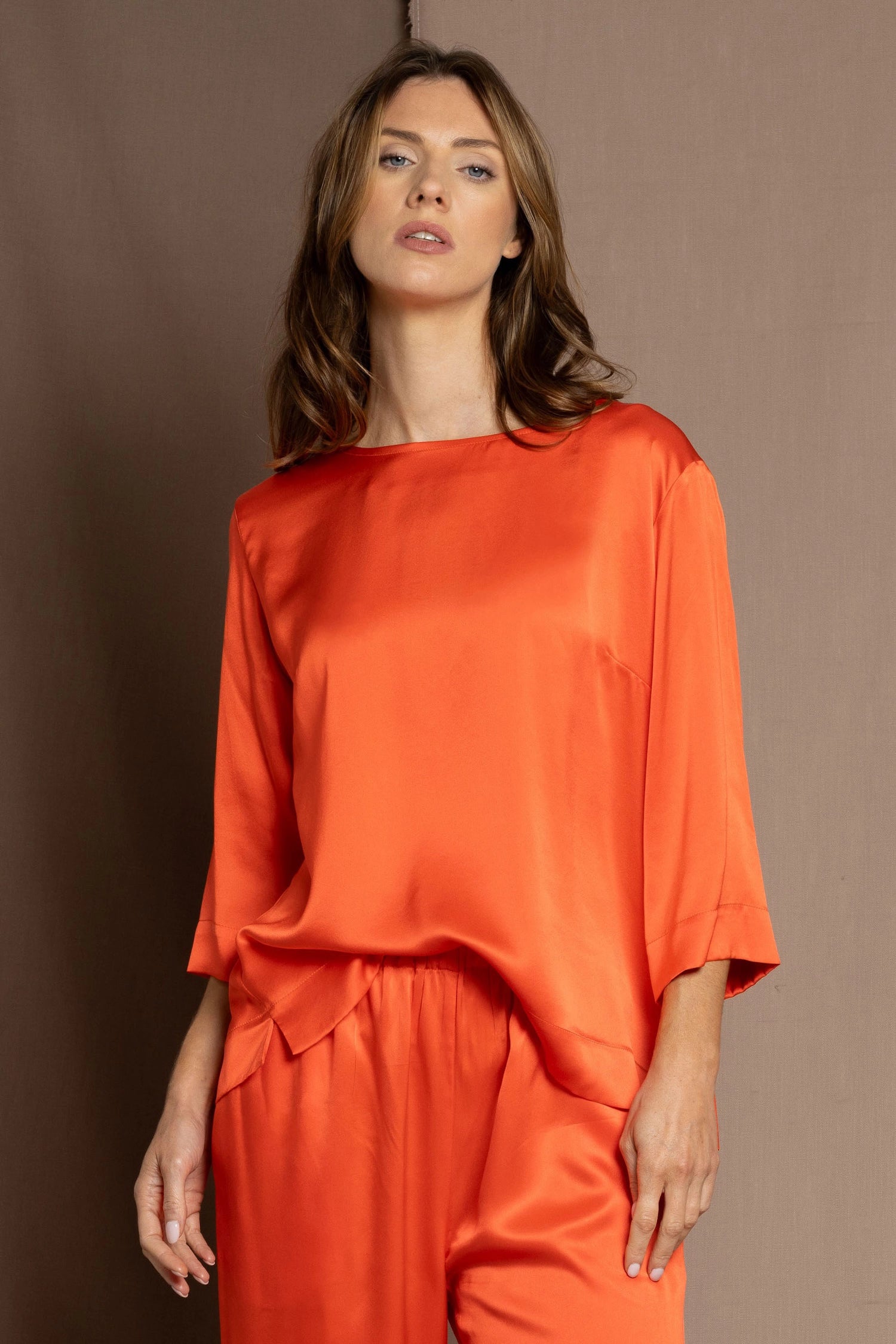 luxury pure silk long sleeve top in orange