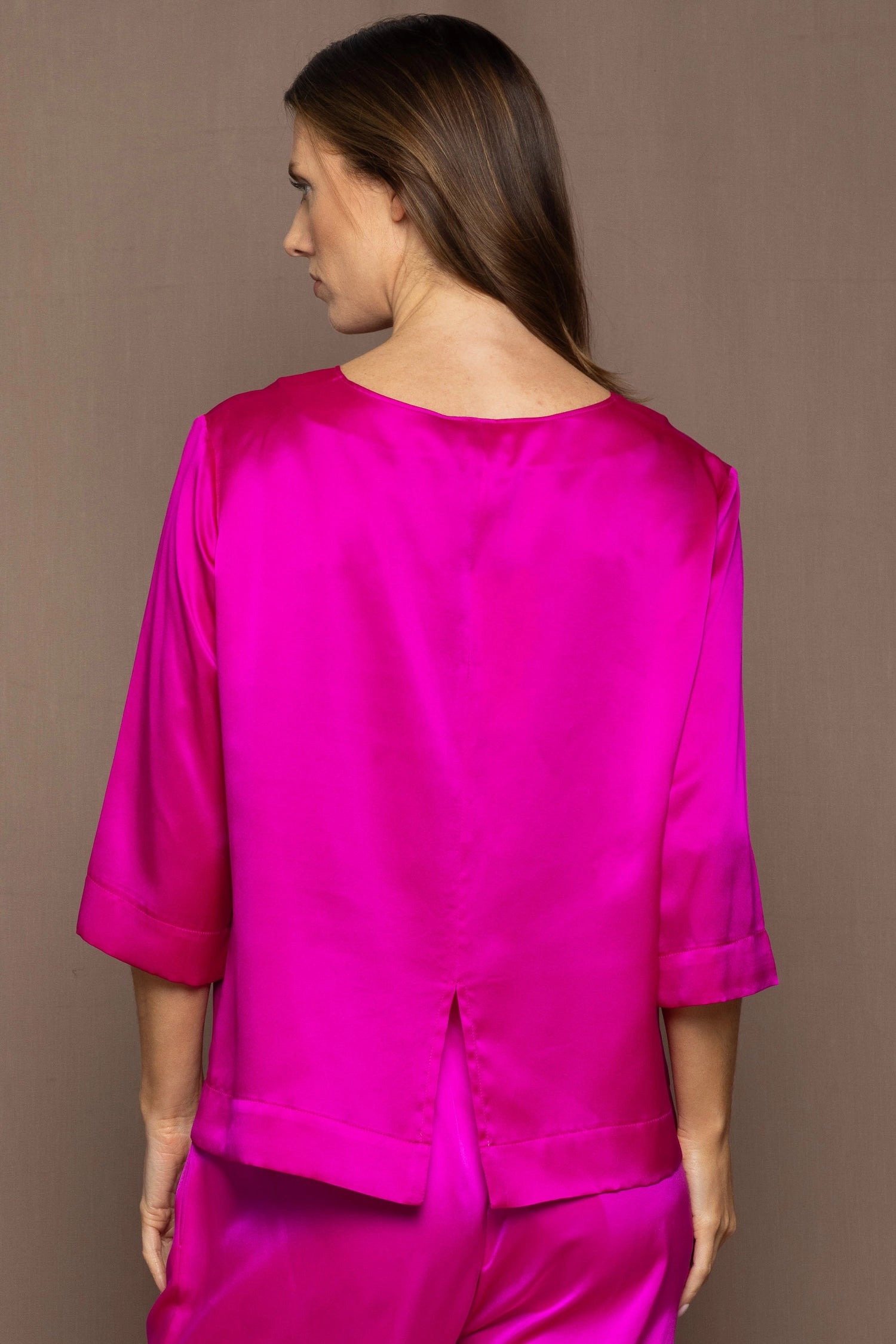 luxury pure silk long sleeve top in hot pink