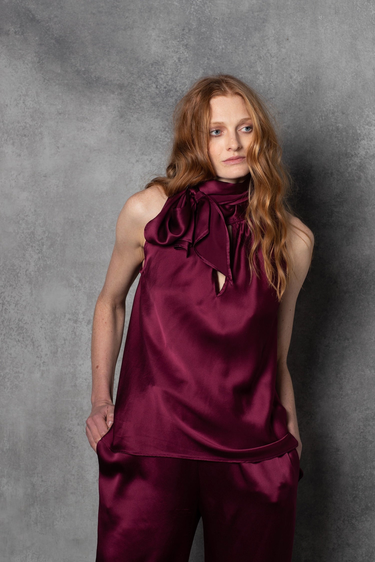 Luxury Silk Bow Halter Top in wine colour