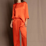 luxury pure silk long sleeve top and trousers in orange