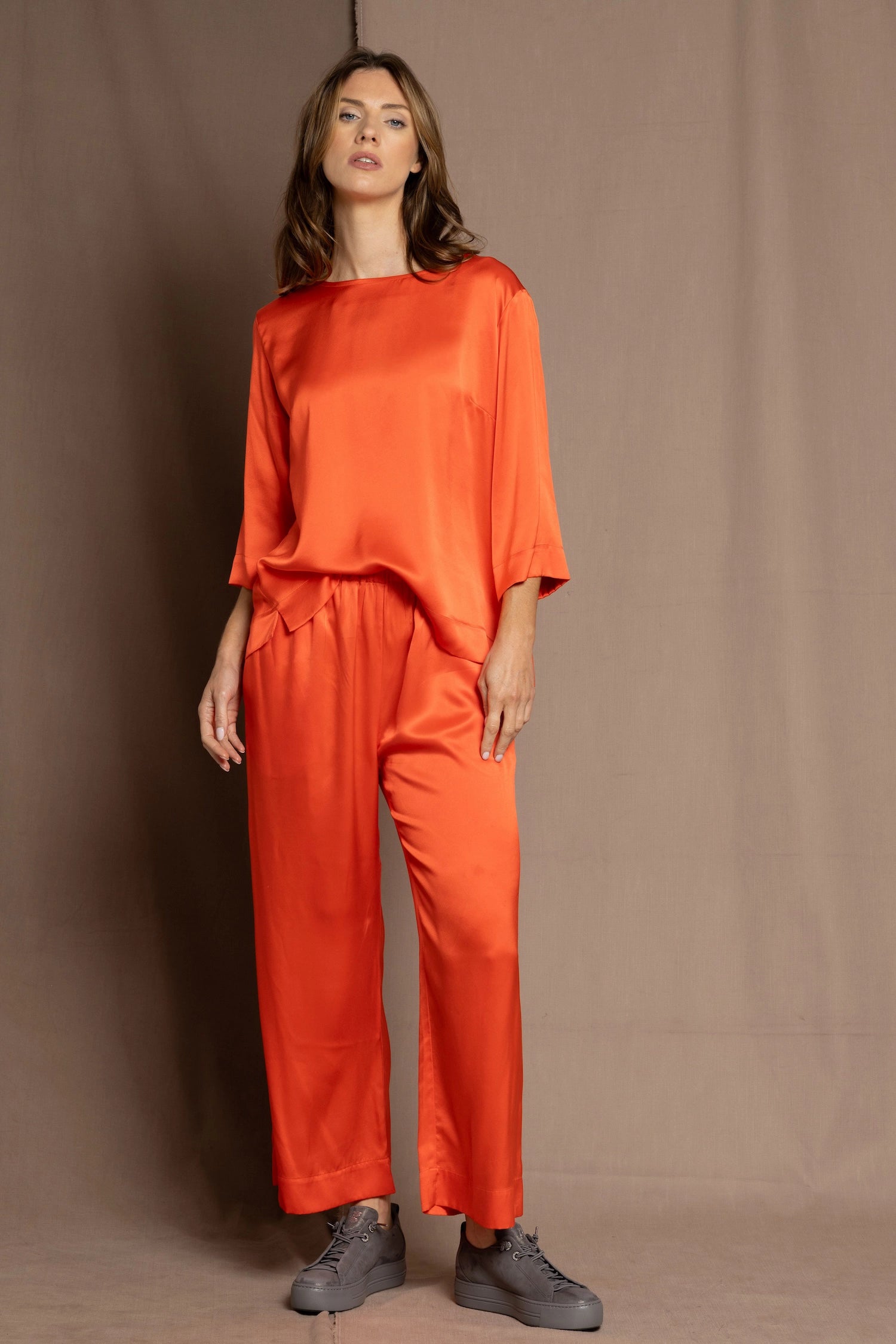 luxury pure silk long sleeve top and trousers in orange