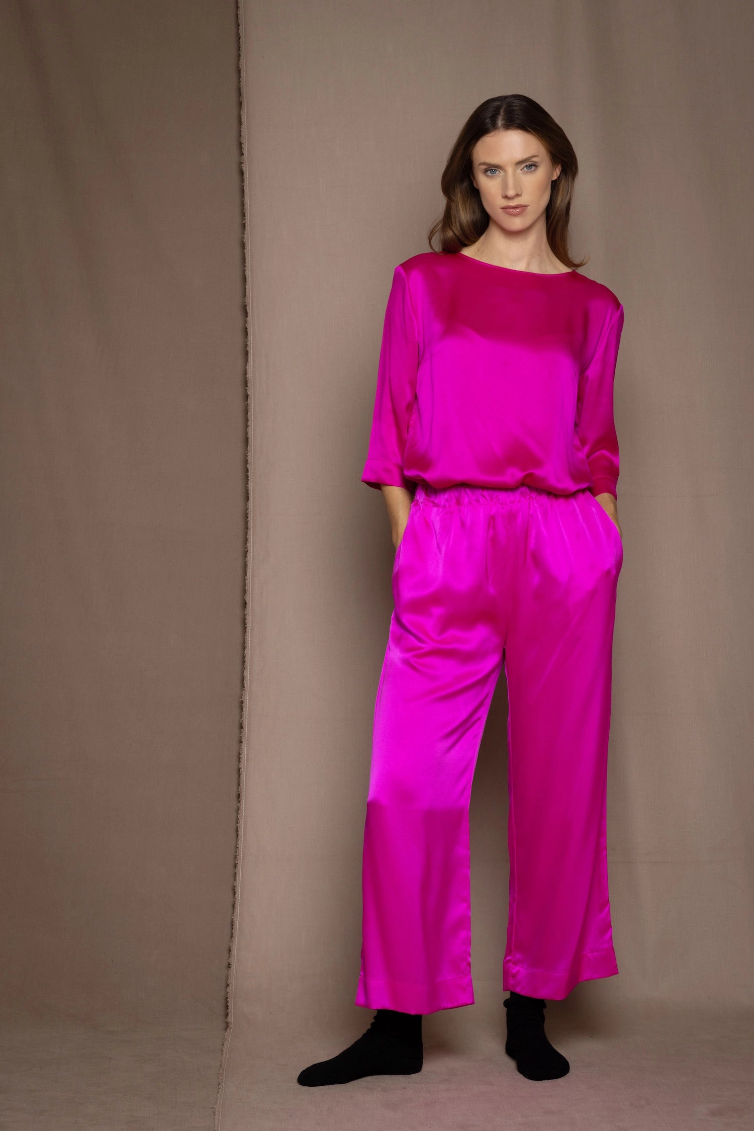 Pure 100% Silk Trousers in Bright Pink