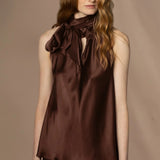 Síoda Pussy Bow Silk Top | Chocolate