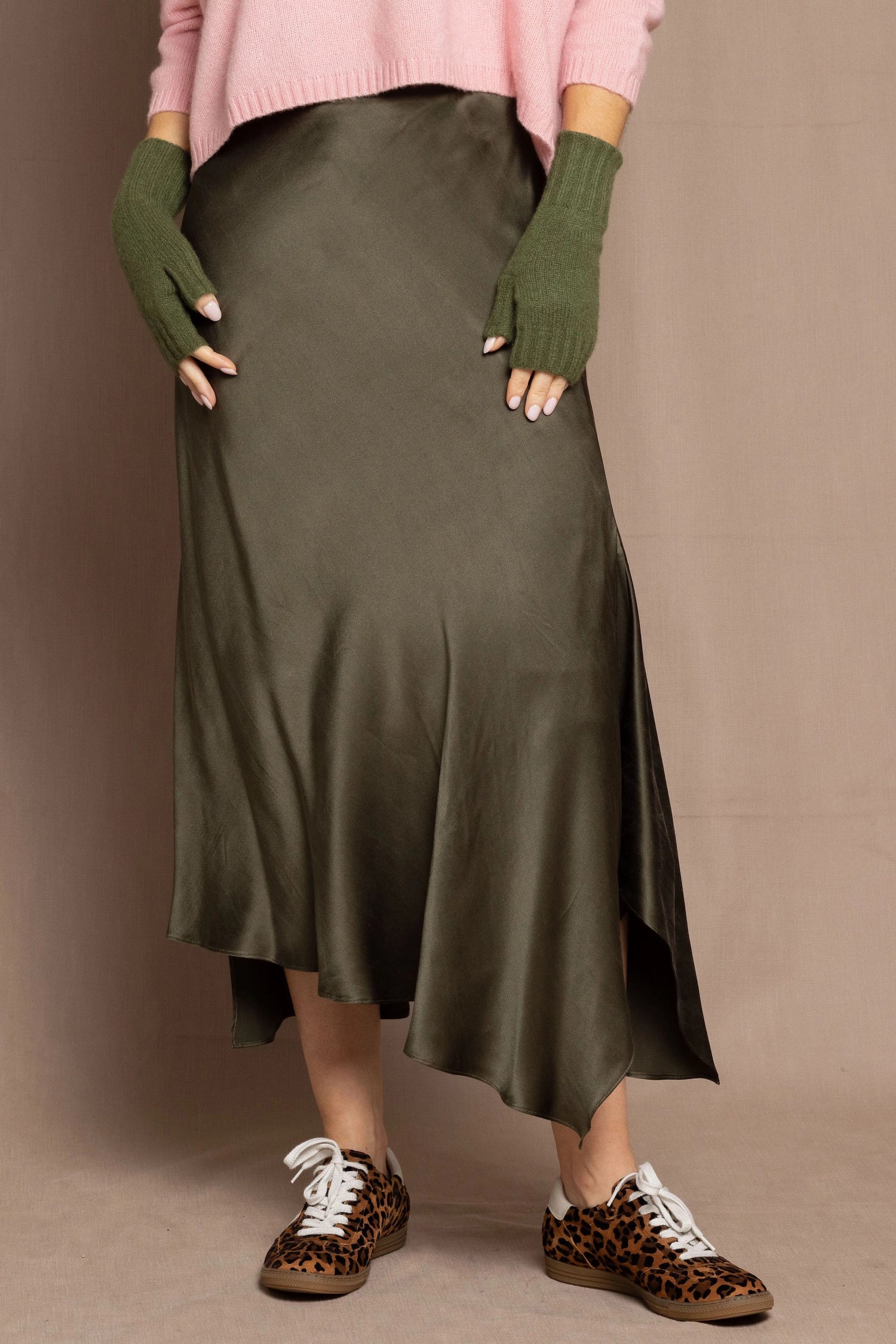 green silk skirt