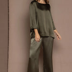 luxury pure silk long sleeve top and trousers in green