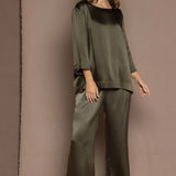 luxury pure silk long sleeve top and trousers in green