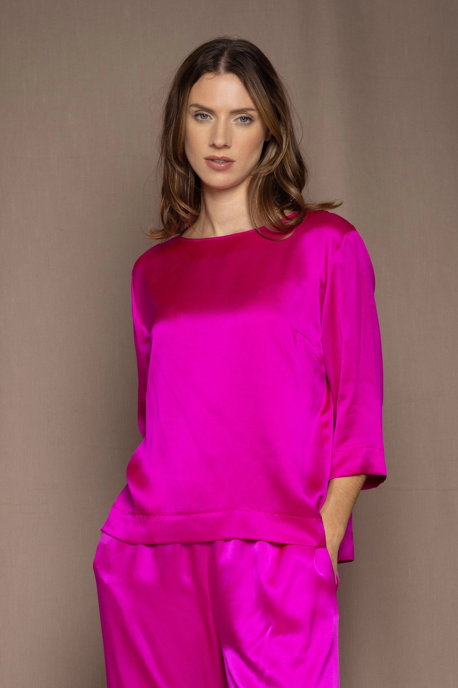 luxury pure silk long sleeve top in hot pink