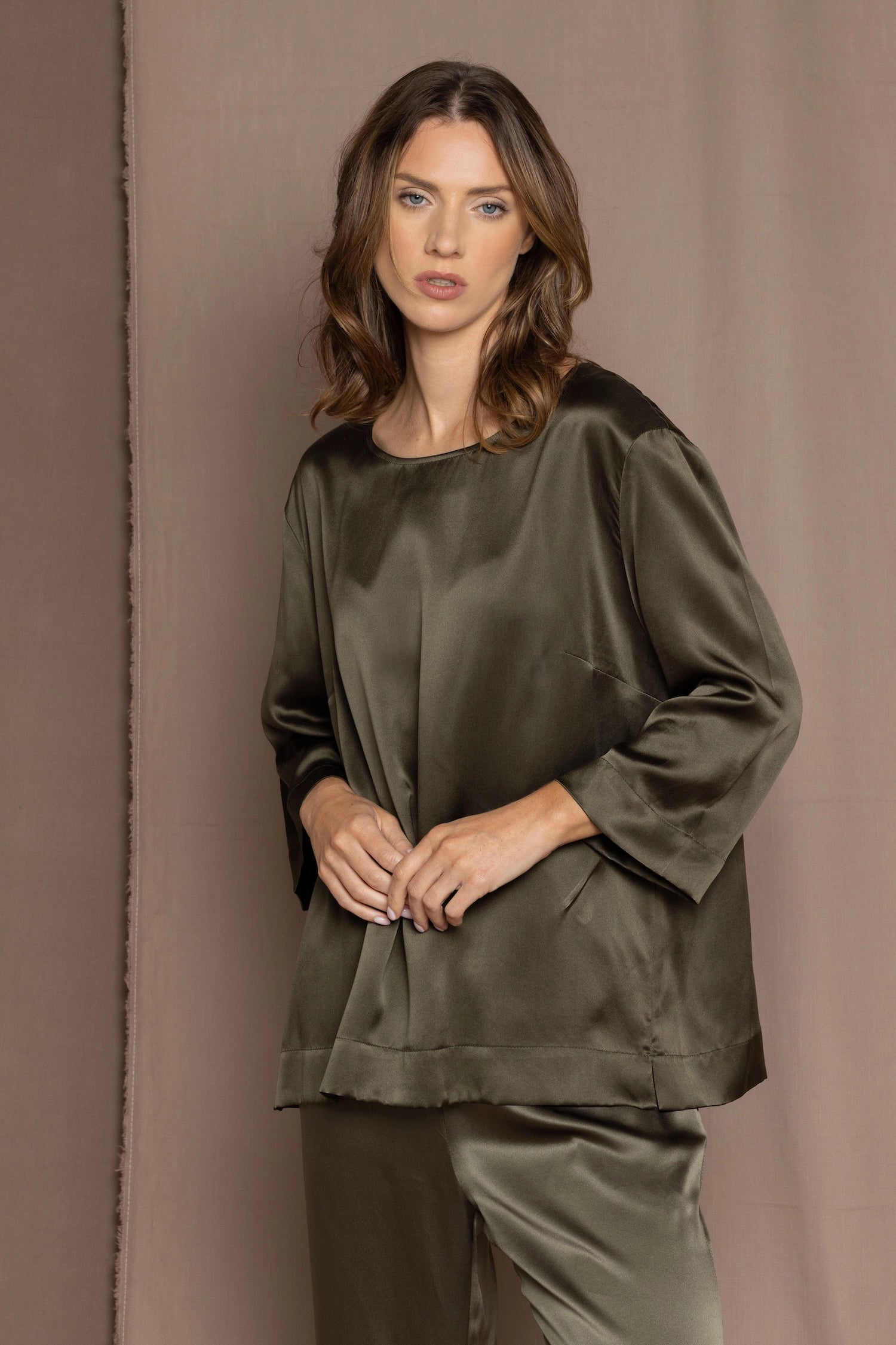 luxury pure silk long sleeve top in green