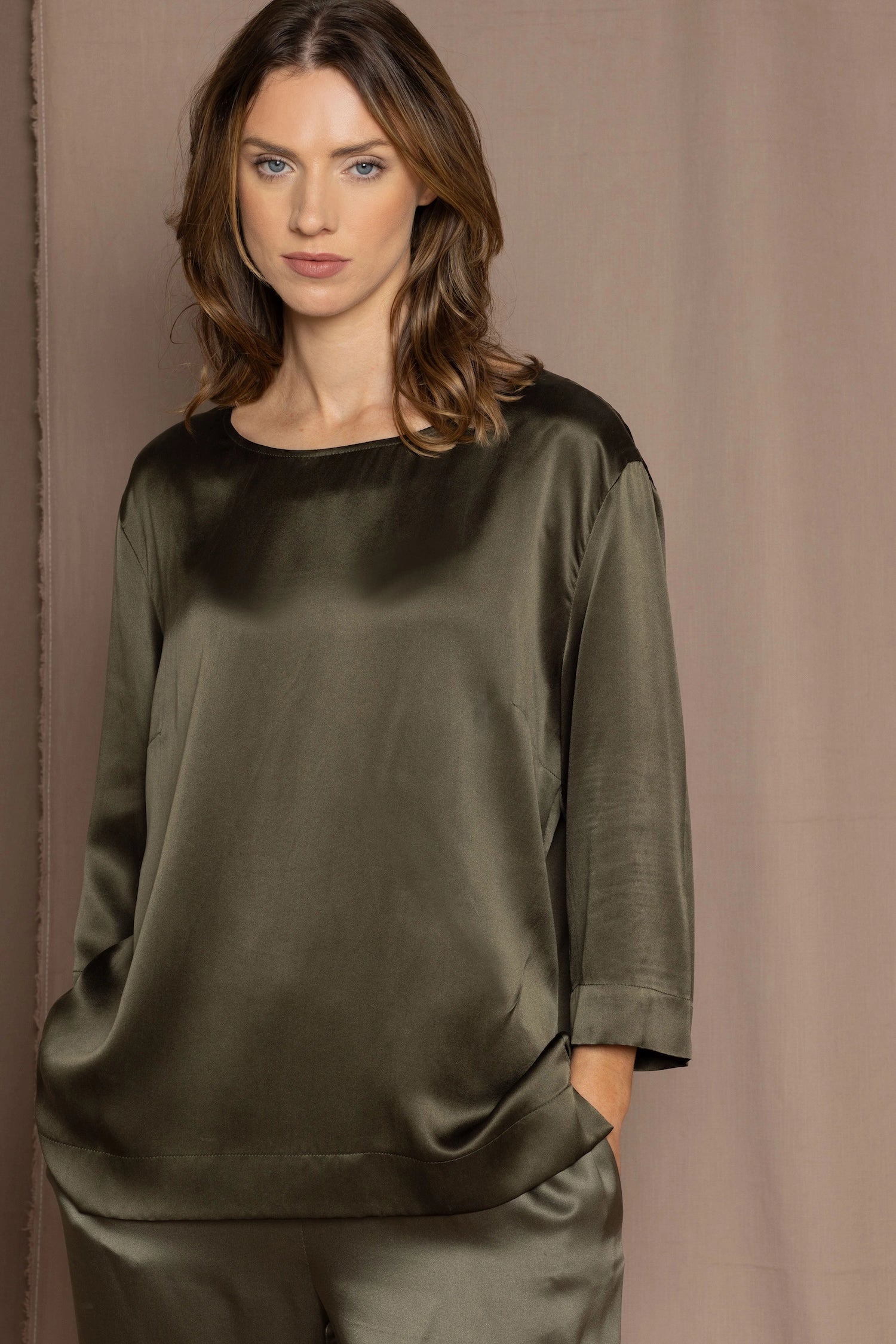 luxury pure silk long sleeve top in green