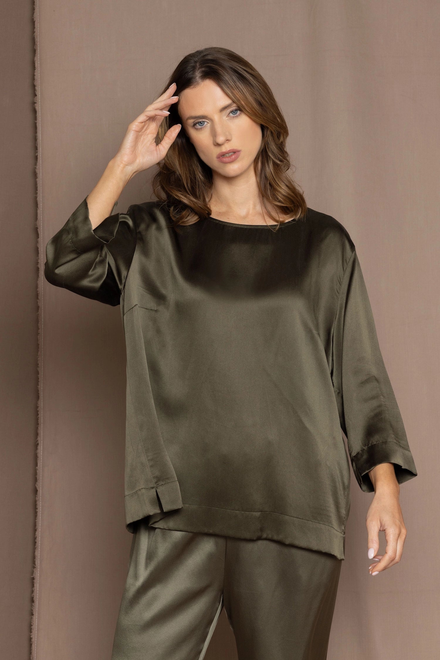 luxury pure silk long sleeve top in green