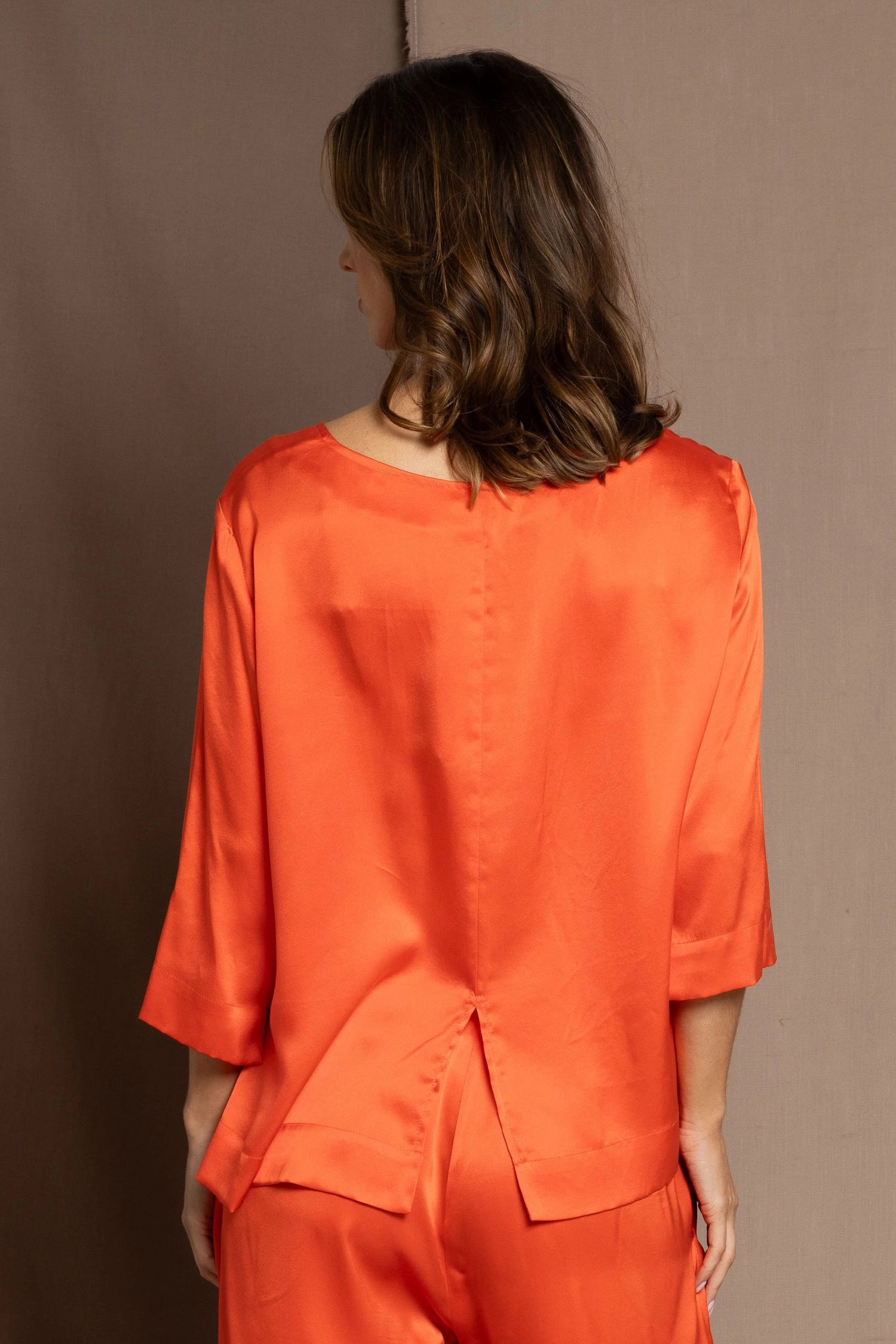 luxury pure silk long sleeve top in orange