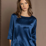 luxury pure silk long sleeve top in teal blue