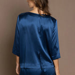 luxury pure silk long sleeve top in teal blue