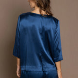 luxury pure silk long sleeve top in teal blue