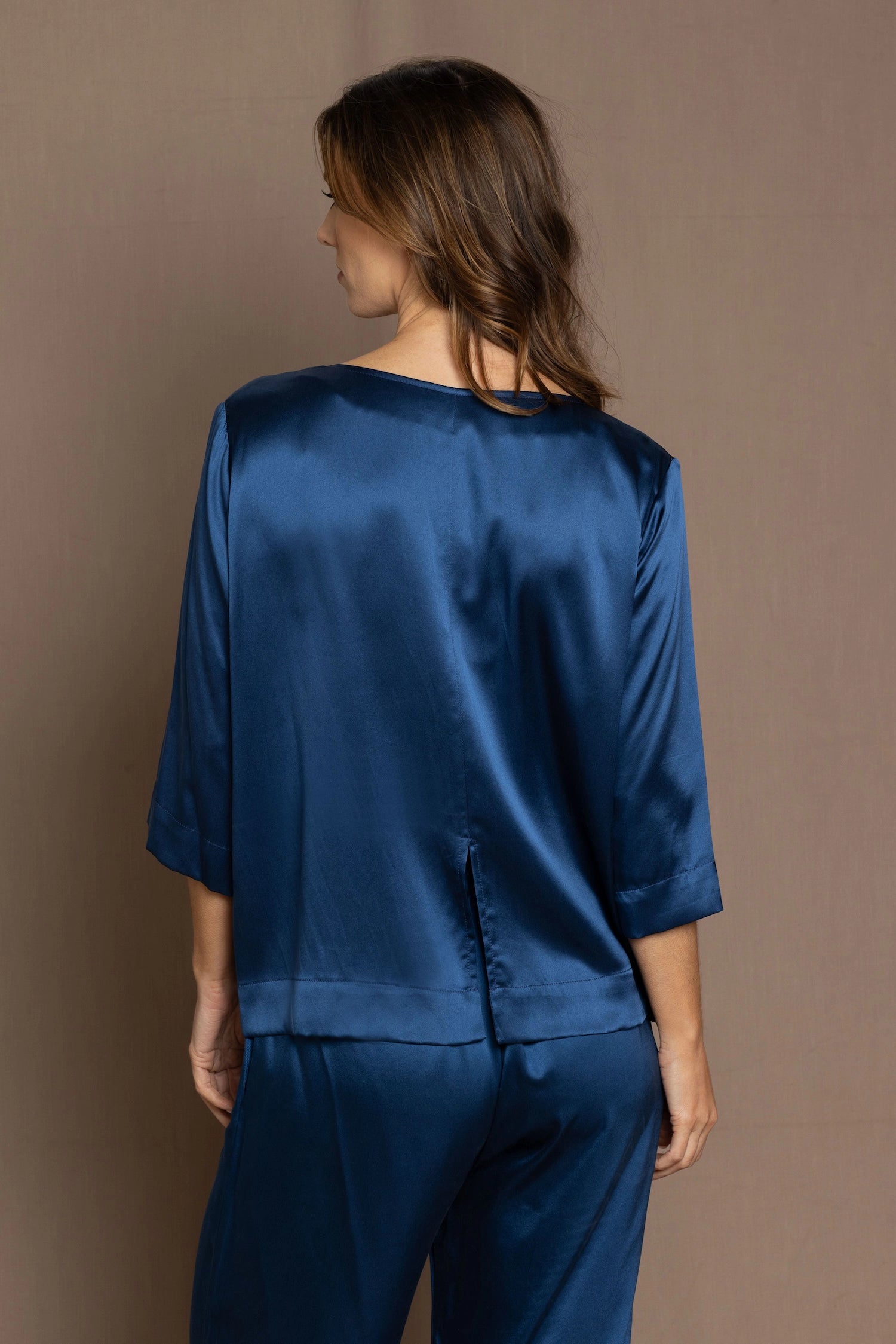 luxury pure silk long sleeve top in teal blue