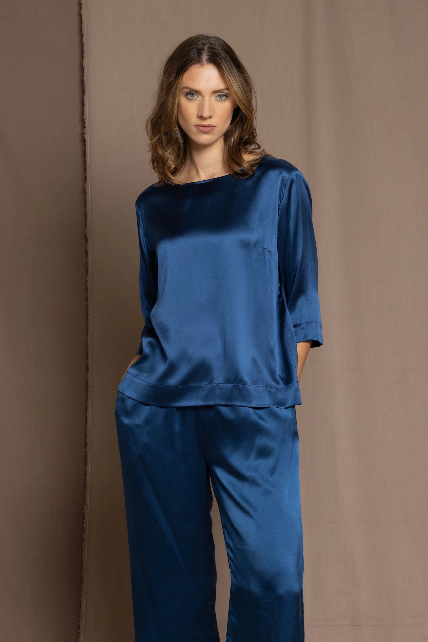 luxury pure silk long sleeve top in teal blue